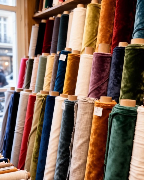 Rouleaux de tissus colorés dans la boutique Moline, Paris 18e